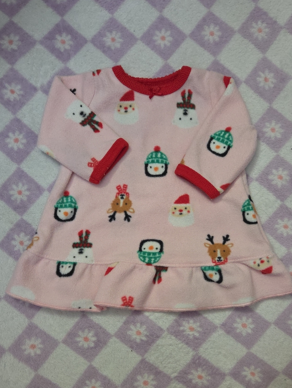 Pink Holiday Penguin & Reindeer Kids Dress